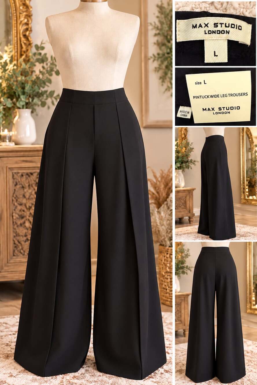 Max Studio London Pintuck Wide Leg Trousers Size L Black